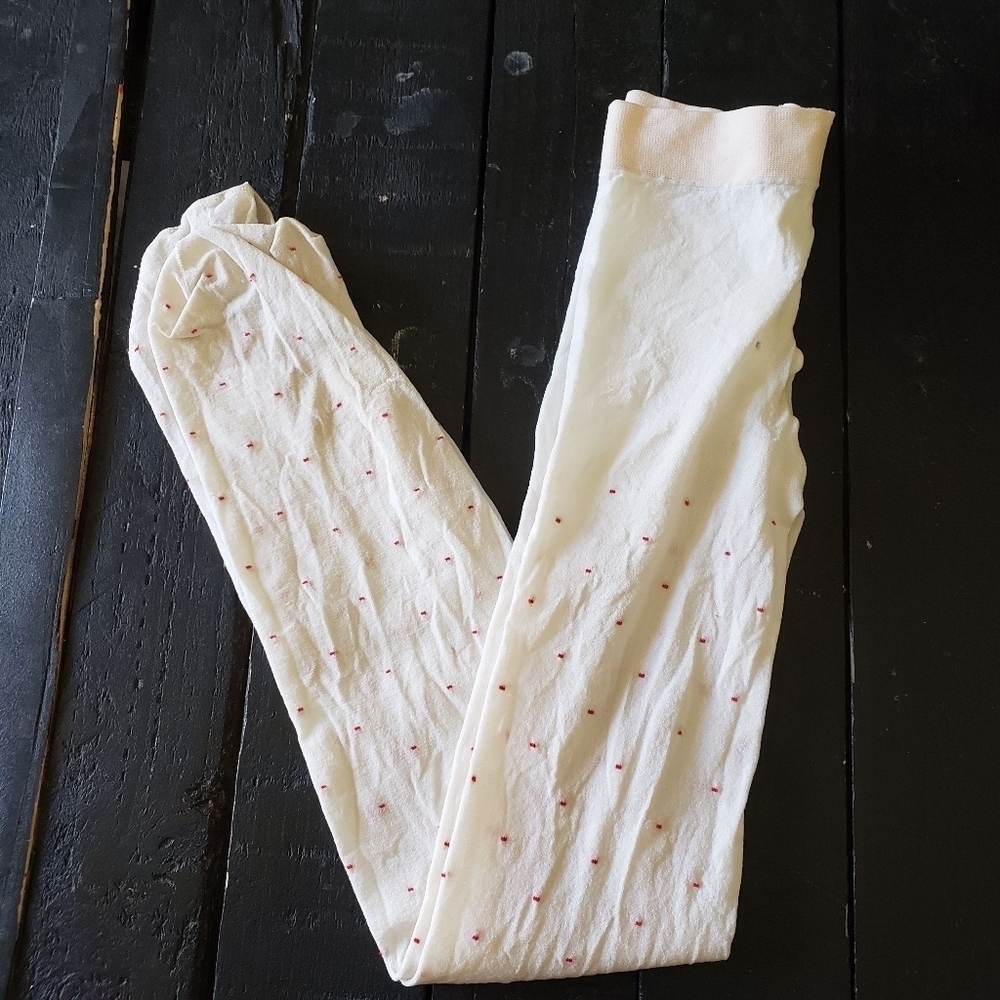 Sears Vintage NWOT Little Girls 4-5 White Nylon Tights Pink Red Polka Dots 70s